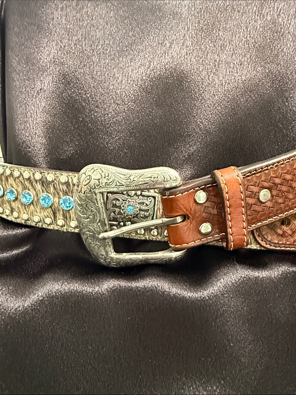 Women's Brown Leather Western Belt with Turquoise Accents